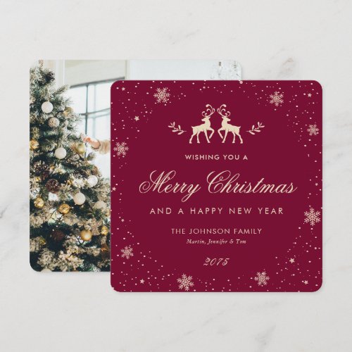 Elegant Red Reindeer Snowflake Photo Holiday Card