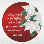 Elegant Red Religious White Poinsettia Christmas Classic Round Sticker<br><div class="desc">Elegant red with bible verse and poinsettia bouquet.</div>
