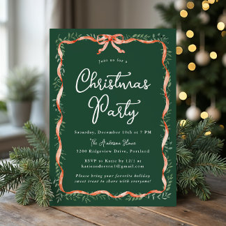 Elegant Red Ribbon and Greenery Christmas Party Invitation