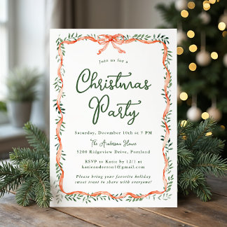 Elegant Red Ribbon and Greenery Christmas Party Invitation