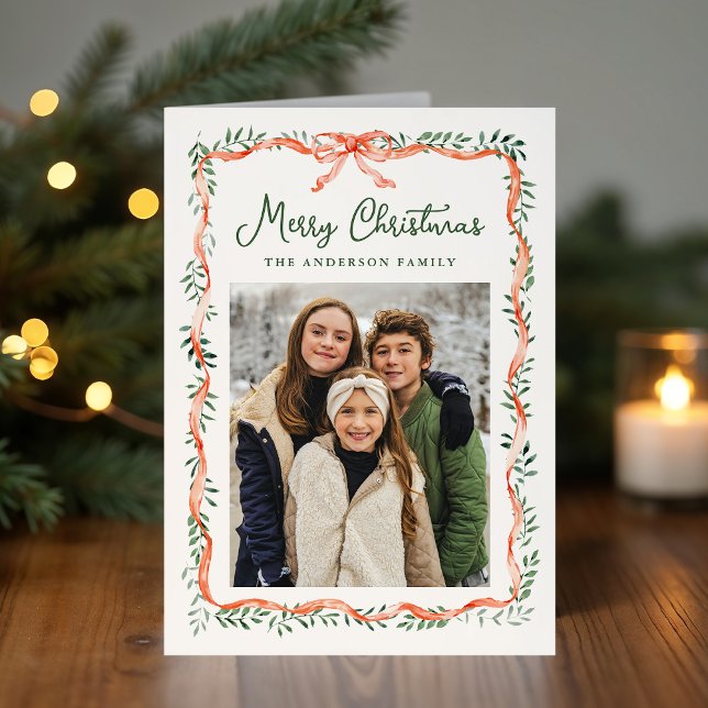 Elegant Red Ribbon and Greenery Cream Photo Holiday Card (Creator Uploaded)