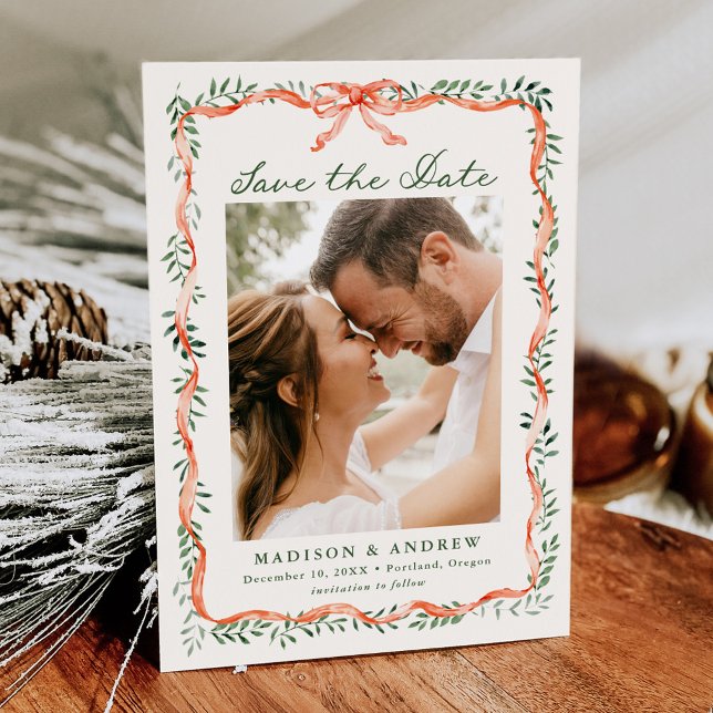 Elegant Red Ribbon and Greenery Holiday Photo Save The Date (Creator Uploaded)