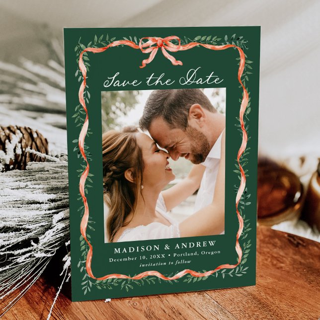 Elegant Red Ribbon and Greenery Holiday Photo Save The Date (Creator Uploaded)