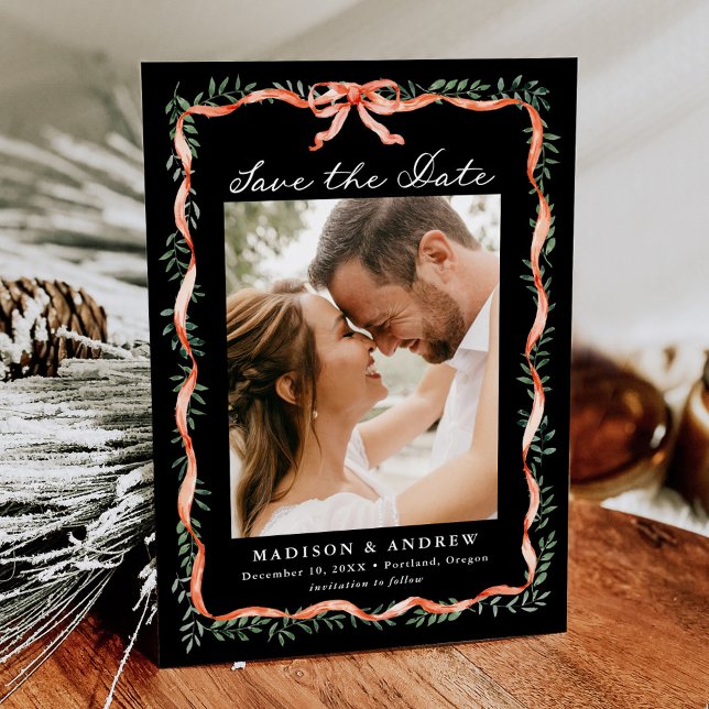 Elegant Red Ribbon and Greenery Holiday Photo Save The Date (Creator Uploaded)