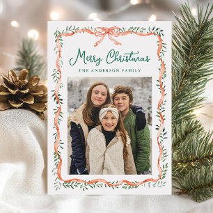 Elegant Red Ribbon and Greenery Merry Christmas Letterpress Photo Cards