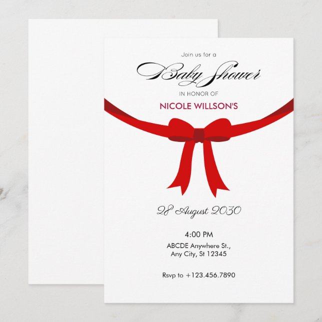 Elegant red ribbon bow baby shower invitation (Front/Back)