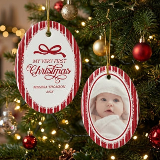 Elegant Red Ribbon Bow Baby's First Christmas Name Ceramic Ornament