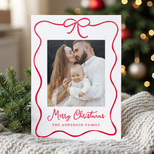 Elegant Red Ribbon Bow Merry Christmas Letterpress Photo Cards