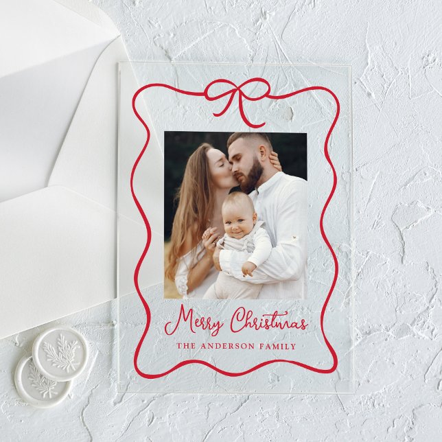 Elegant Red Ribbon Bow Photo Acrylic Holiday Card Invitations (Creator Uploaded)