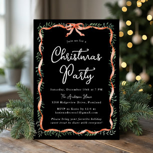 Elegant Red Ribbon Greenery Black Christmas Party Invitation