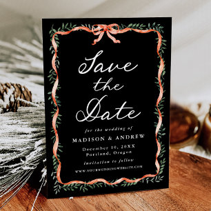 Elegant Red Ribbon Greenery Black Holiday Wedding Save The Date