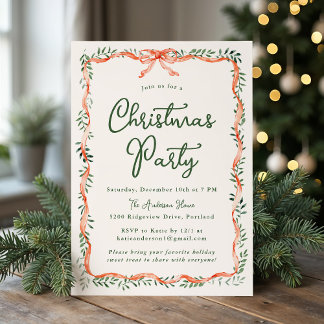 Elegant Red Ribbon Greenery Cream Christmas Party Invitation
