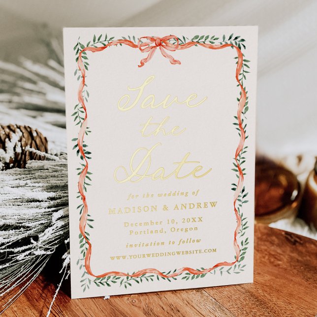 Elegant Red Ribbon Greenery Cream Save the Date Foil Invitation (Creator Uploaded)