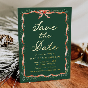 Elegant Red Ribbon Greenery Holiday Save the Date Foil Invitation