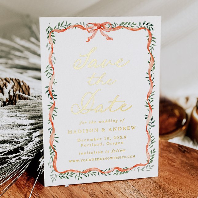 Elegant Red Ribbon Greenery Holiday Save the Date Foil Invitation (Creator Uploaded)