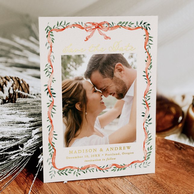 Elegant Red Ribbon Greenery Photo Save the Date Foil Invitation (Creator Uploaded)