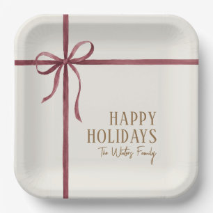 Elegant Red Ribbon Happy Holidays Paper Plates