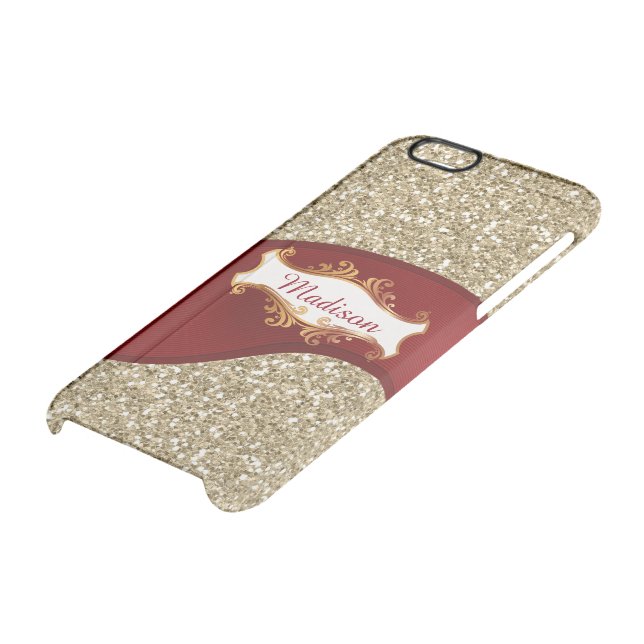 Elegant red ribbon on golden background uncommon iPhone case (Bottom)
