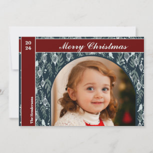 Elegant Red Ribbon One Photo Christmas Holiday Card