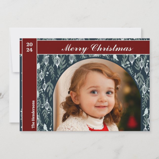 Elegant Red Ribbon One Photo Christmas Holiday Card (Front)