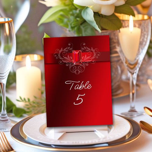 Elegant Red Ribbon Ruby Wedding Christmas Table Number
