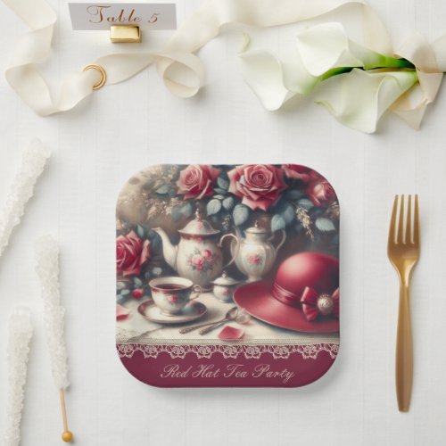 Elegant Red Roise Tea Party Paper Plate