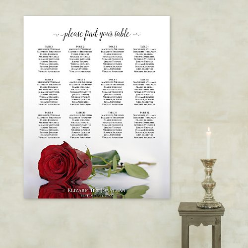 Elegant Red Rose 12 Table Wedding Seating Chart