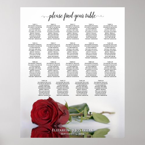 Elegant Red Rose 19 Table Wedding Seating Chart