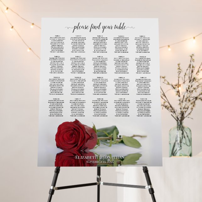 Elegant Red Rose 20 Table Wedding Seating Chart  Foam Board (In Situ (Stand))