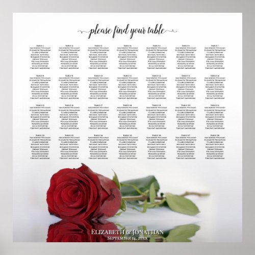Elegant Red Rose 28 Table Wedding Seating Chart