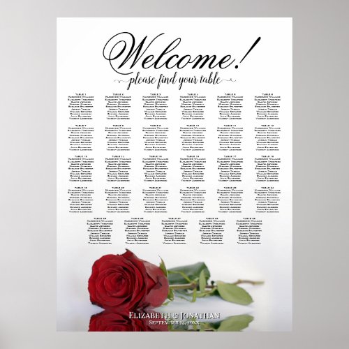 Elegant Red Rose 29 Table Wedding Seating Chart