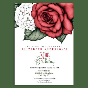 Elegant Red Rose 30th Birthday Invitation