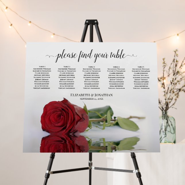 Elegant Red Rose 5 Table Wedding Seating Chart Foam Board (In Situ (Stand))