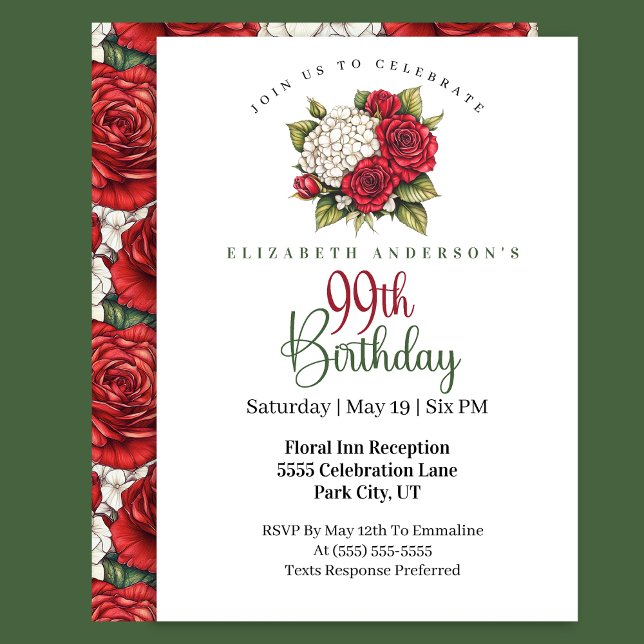 Elegant Red Rose 99th Birthday Invitation (Creator Uploaded)