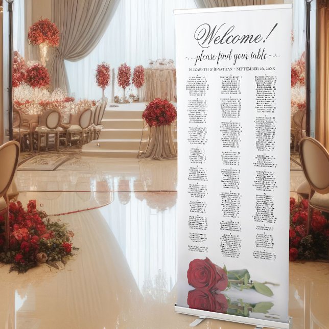 Elegant Red Rose Alphabetical Seating Chart Retractable Banner (At Reception)