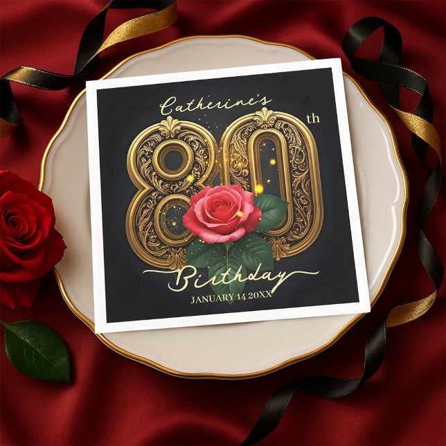 Elegant Red Rose and Gold Filigree 80th Birthday Napkins (Creator Uploaded)