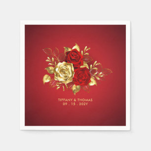 Elegant Red Rose And Gold Theme Wedding  Napkins
