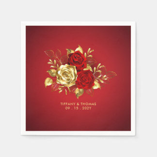 Elegant Red Rose And Gold Theme Wedding Napkins
