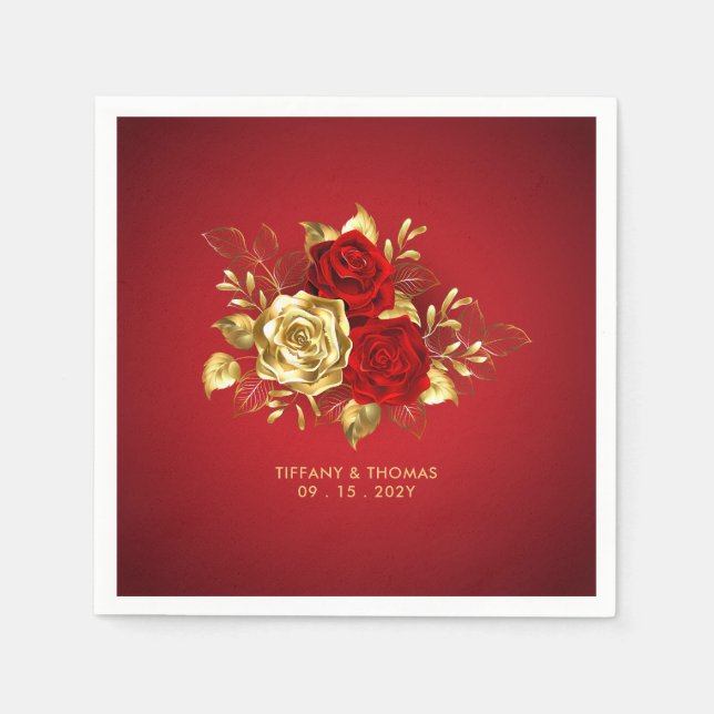 Elegant Red Rose And Gold Theme Wedding  Napkins (Front)