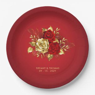 Elegant Red Rose And Gold Theme Wedding  Paper Plates