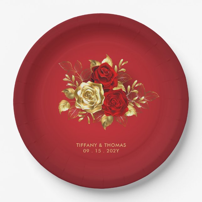 Elegant Red Rose And Gold Theme Wedding  Paper Plates (Front)