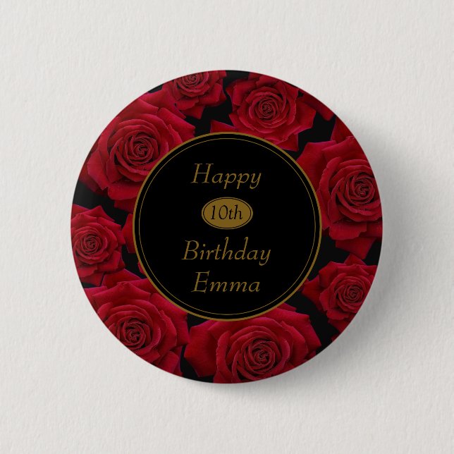 Elegant Red Rose Any Age Birthday Button (Front)