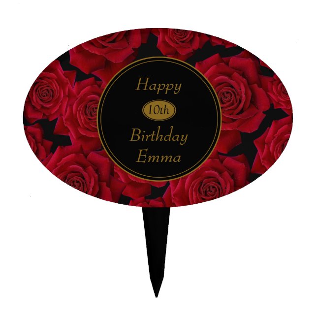 Elegant Red Rose Any Age Birthday Party Cake Topper (Front)