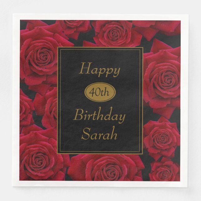 Elegant Red Rose Any Age Birthday Party Paper Dinner Napkins (Front)
