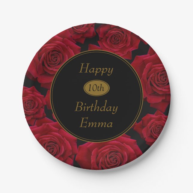 Elegant Red Rose Any Age Birthday Party Paper Plates (Front)
