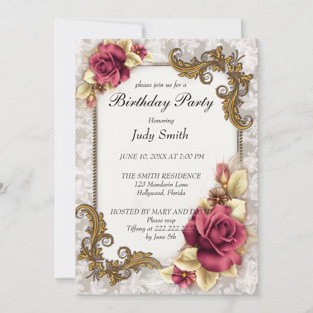 Elegant Red Rose Birthday Invitation (Front)