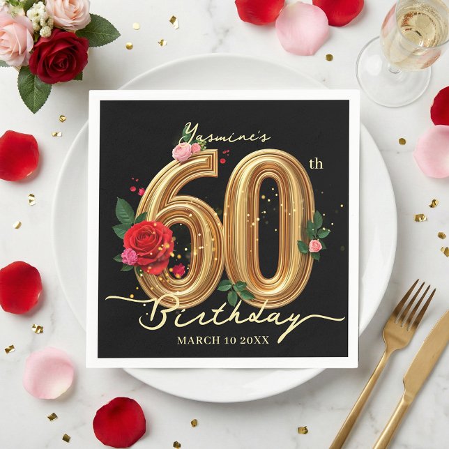Elegant Red Rose Black and Gold 60th Birthday Napkins (Creator Uploaded)