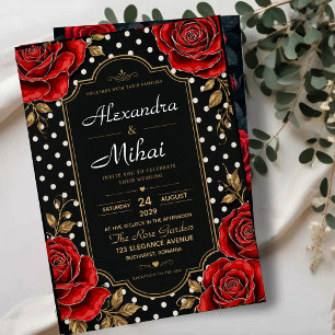 Elegant Red Rose Black and Gold Floral Polka Dot Acrylic Invitations