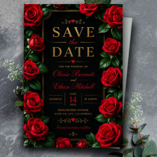 Elegant Red Rose Black and Gold Luxury Floral Save The Date