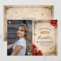 Elegant Red Rose Black and Gold Photo Quinceanera